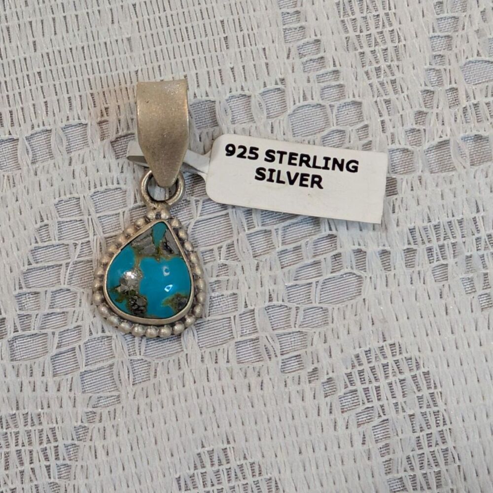 Rare Lone Mountain Turquoise Pendant .925 Sterling Silver Boho Native Style
